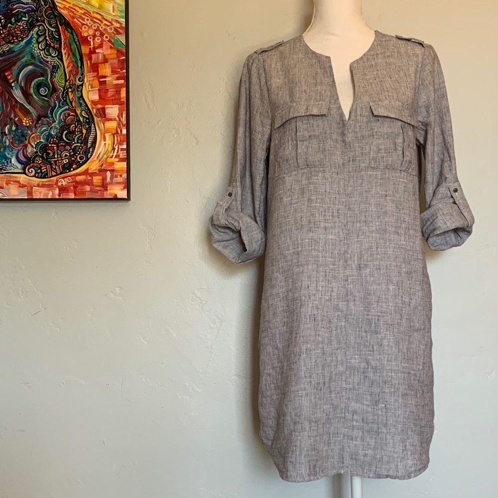 JOIE Rathana C Linen Chambray Navy White Roll Tab Sleeve Dress size: Small